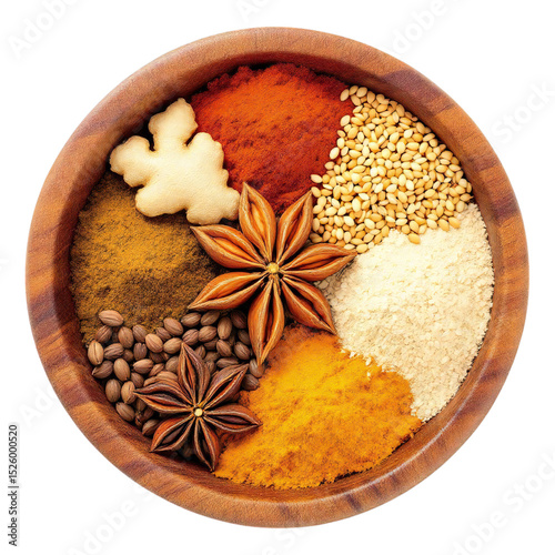 A wooden bowl filled with various spices including star anise ginger and colorful powders arranged neatly photo