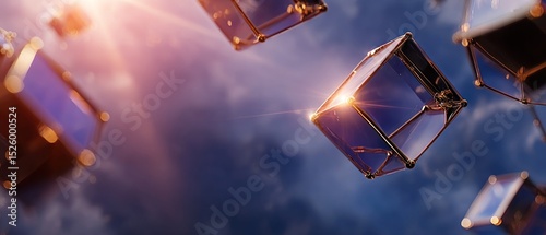 Floating Cubic Structures Against a Sunrise Sky