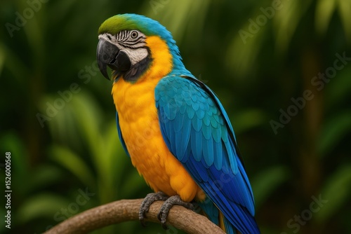 Tropical Bird Perched on a Branch: Displaying Vibrant Feathers in Blue, Yellow, and Green for Artistic Realism
