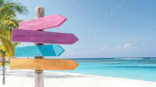 summer concept. Colorful signpost on a tropical beach with clear blue water and palm trees.