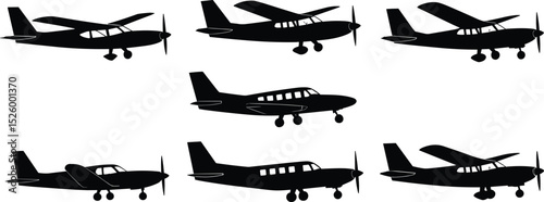 Set of small airplane silhouettes, propeller aircraft vector illustration, aviation design, light aircraft models
