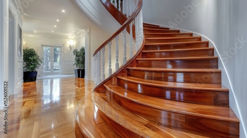 A stunning wooden staircase with beautifully crafted handrails leads upwards in a grand home, illuminated by warm light from ornate fixtures, enhancing the architectural elegance.
