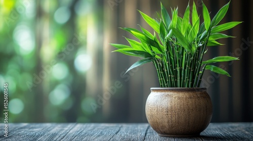 A vibrant bamboo flower thriving in a decorative clay pot on a wooden table in a tranquil indoor setting