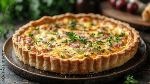 Delicious quiche served on a beautiful round plate, garnished with herbs and fresh tomatoes, perfect for a cozy brunch gathering