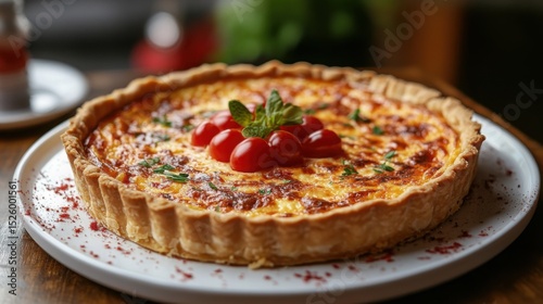 This appetizing quiche features a flaky crust filled with a rich blend of eggs, cheese, and vegetables, creating a delightful dish for any meal.