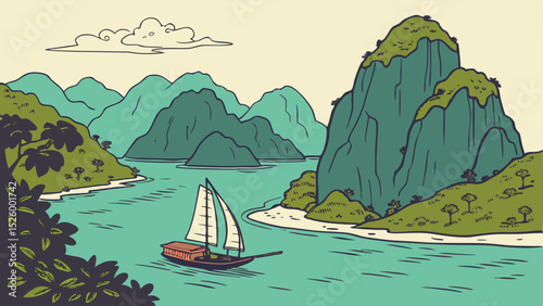 Vector Illustration of Halong Bay, Vietnam – Scenic Limestone Karsts and Islands