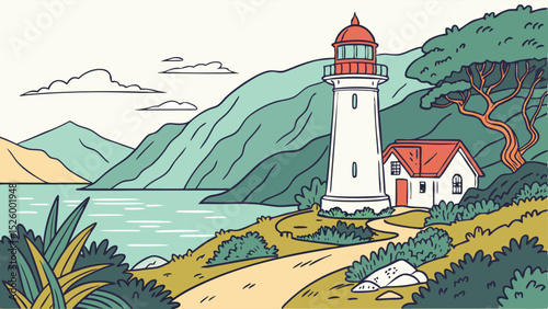 Vector Illustration of New Zealand Fjords – Scenic Coastal Mountains and Waterways