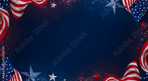 A vibrant patriotic background featuring waving American flags in the corners, accented with shimmering red, white, and blue stars and glitter. 