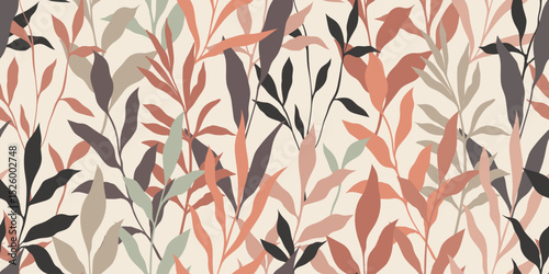 Abstract art vintage colors tropical line art leaves seamles background vector. Wallpaper design with leaves shapes and scribble doodle linear leaf. vintage botanical floral seamless pattern