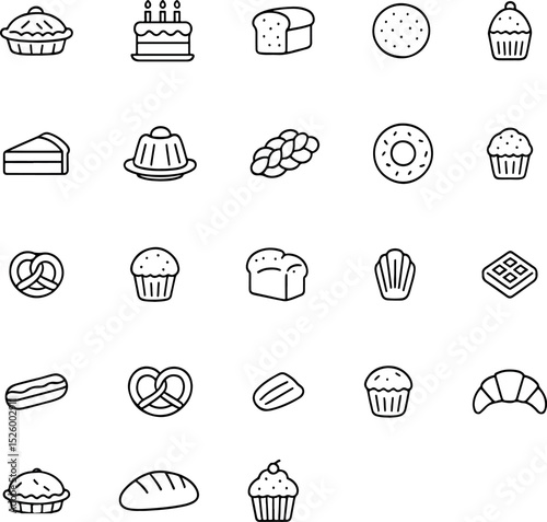Sweet Bakery And Pastry Line Art Icons- Delicious Desserts And Bread Collection.