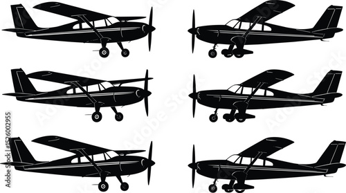 Vector illustration of small single-engine propeller airplanes, side view silhouettes, perfect for aviation design, flight training, aircraft concepts