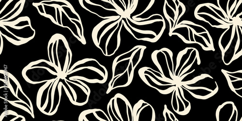 Leaves branch and Hand Drawn doodle Scribble floral plants banner. seamless pattern. Creative minimalist Abstract art background. Design wall decoration, postcard, poster or brochure