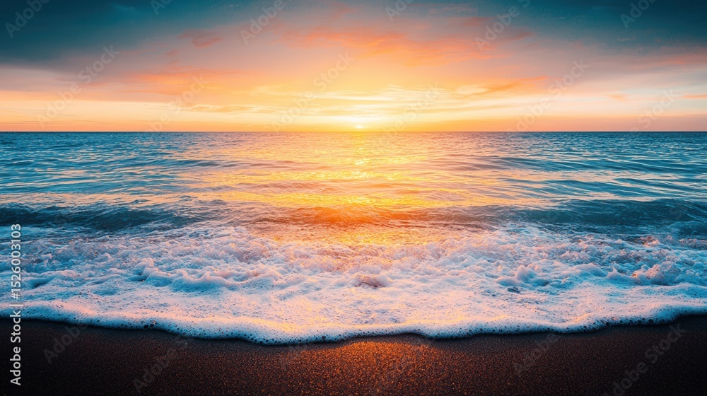Obraz premium summer concept. Serene ocean sunset with gentle waves and colorful sky reflections.