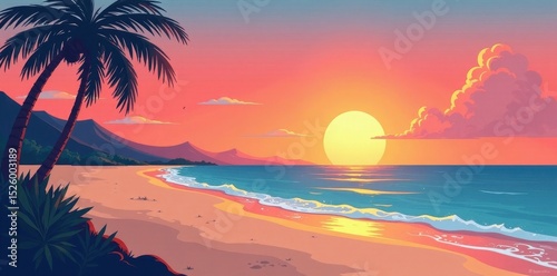 Cartoon sunset beach scene, flat design Split-complementary colors , sunset, horizon