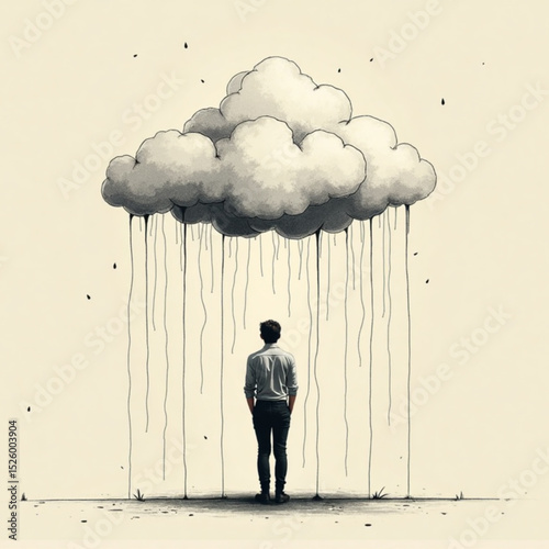 A young man standing under a cloud with rain in a surreal artistic setting, the concept of "personal storm"