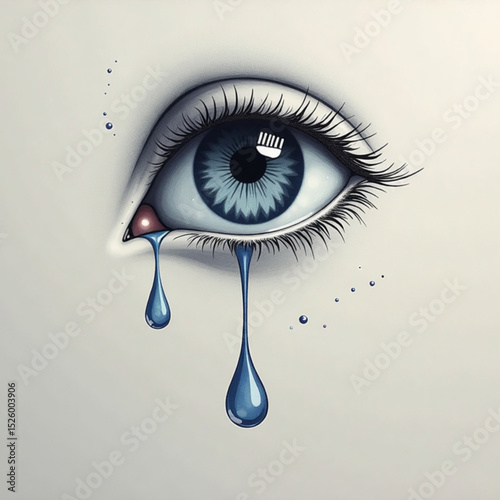 Realistic illustration of an eye with blue tears and complex details on a soft background, the concept of grief or unsolvable problems