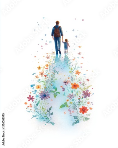Father and Daughter Walking on a Flower Path