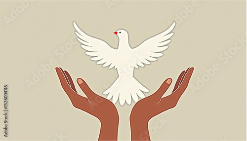 Illustration of a white dove flying from outstretched hands symbolizing peace and freedom