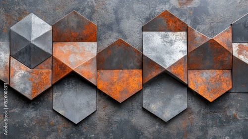 Rusted Geometric Tiles Pattern. Dark Grunge Texture with Shapes and Rust Accents