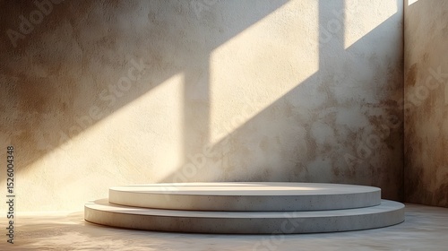 Floating white podium with a weightless hovering appearance over a glowing floor