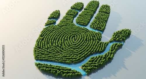 Aerial view of a forest shaped like a human handprint, with lush green trees forming fingerprint patterns surrounded by blue rivers. This conceptual image symbolizes eco-consciousness.