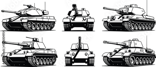 Vector illustration of military tanks, side and front views, armored vehicle silhouettes, war machine graphics for defense, army, and combat design