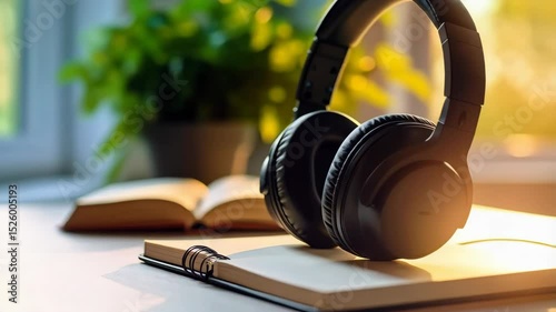 Black wireless headphones sit on open notebook, relaxing at home with pot plant and sunlight streaming through the window with blurred background