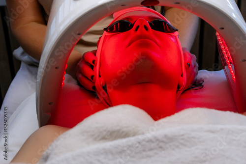 Facial LED Light Therapy Treatment in a Beauty Clinic with Red Light and Eye Protection
