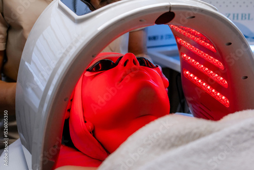 Facial LED Light Therapy Treatment in a Beauty Clinic with Red Light and Eye Protection