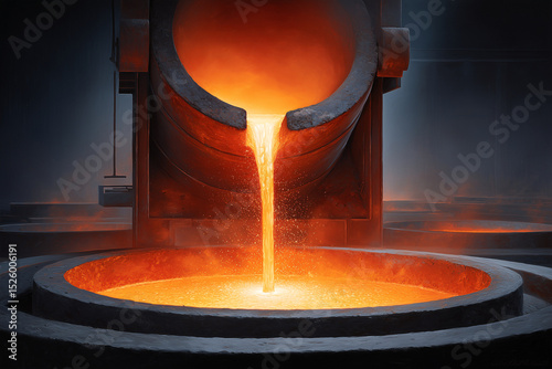 A hot steel pour flowing from the vats of an open smelting mill, a large round opening in front and behind filled with an orange-red liquid that cascades down, sparks flying aroundMetallurgist's Day C