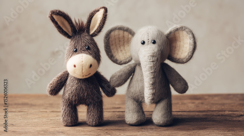 A close-up shot of an endearing donkey and elephant plushie pair
