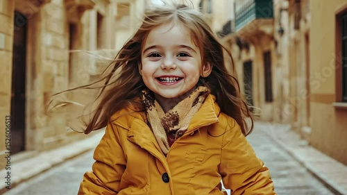 Wallpaper Mural Cute kid girl joyfully walking in windy weather on a charming street filled with historic architecture, Cute funny kid girl walking in windy weather on a street of Malta city enjoy positive emotions Torontodigital.ca