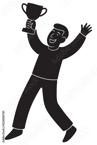 Silhouette of a man holding an invisible trophy overhead in victory