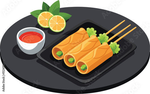 Crispy Spring Rolls with Dipping Sauce and Lime Illustration