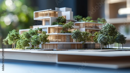 Modern Building Model with Trees. Architecture Design and Sustainable Living Concept