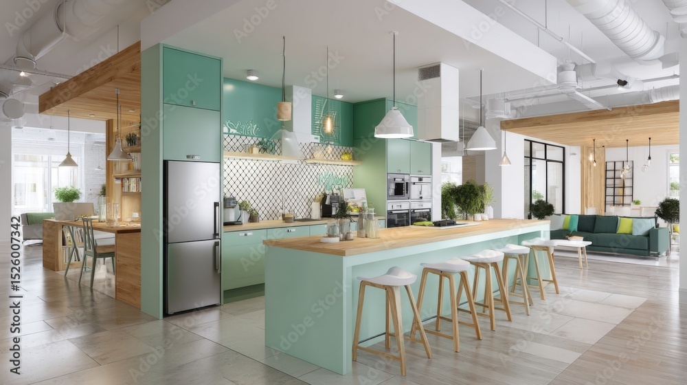 Fototapeta premium Modern Office Kitchen Interior Design with Green Cabinets and Wood Accents