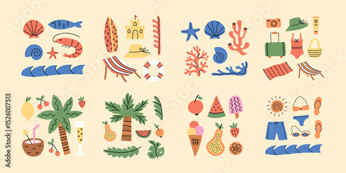 Tropical, beach, nautical, marine, sea, ocean compositions set. Simple hand drawn style summer vacation vector collection.