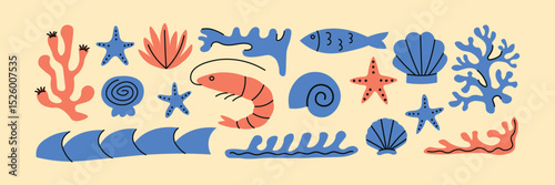 Nautical, marine, sea, ocean vector illustration set. Corals, starfish, shrimp, fish, waves, shells. Simple hand drawn style.
