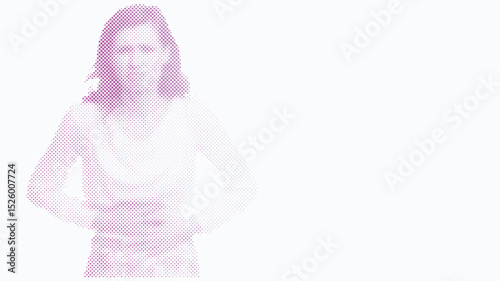 A woman holds her aching stomach with both hands, Menstrual Hygiene Day background
