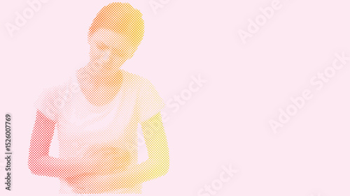 A woman holds her aching stomach with both hands, Menstrual Hygiene Day background