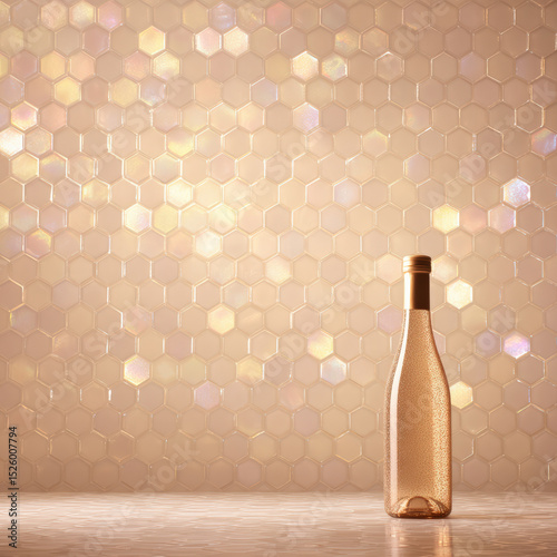Stunning hexagonal backdrop in soft champagne and ivory gradient complements sleek, transparent bottle, creating elegant and inviting atmosphere perfect for showcasing beverages