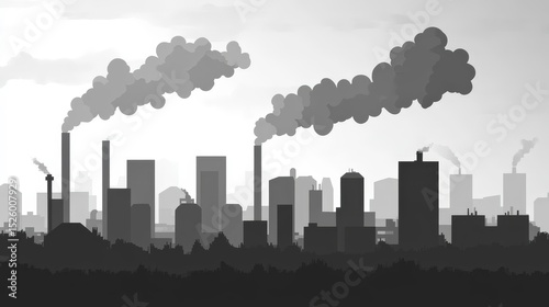 Silhouette Skyline with Smoke Pollution. Industrial Landscape in City Outlines