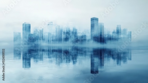 Cityscape Reflection. Blue Skyline with Tall Buildings and Water Effect, Dreamlike Urban Vision