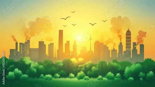 City Skyline with Greenery and Emission, Envisioning Sustainable Urban Future with Nature