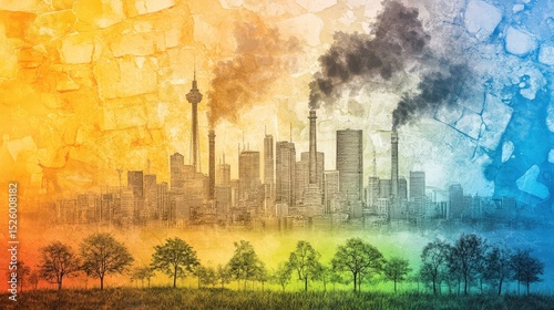 City Skyline Impact. Urban landscape with Pollution and Nature, Smoke Clouds and Ecological Balance