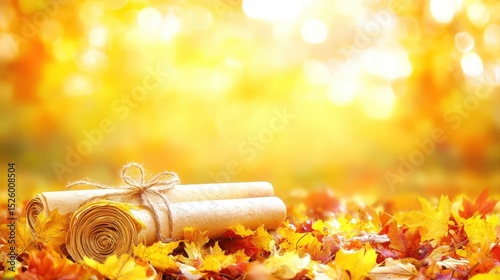Autumnal Scrolls. Rustic Documents Surrounded By Seasonal Leaves, Golden Hues