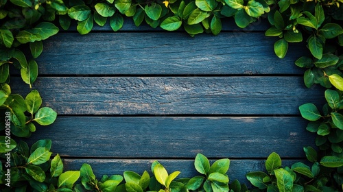 Dark Wood Board with Green Leaves Frame - Nature's Texture and Wooden Surface