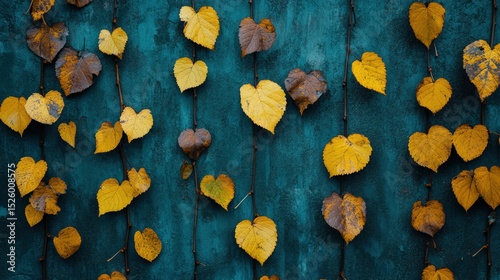 Yellow Heart Shaped Leaves on Textured Wall Background, Autumn Leaves on Twigs