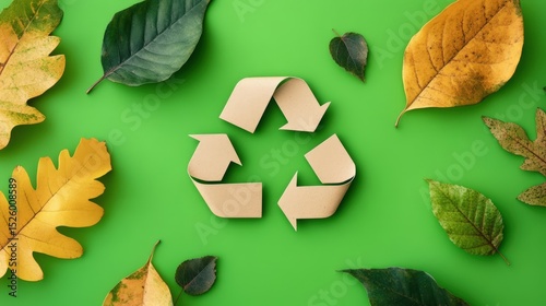 Sustainable Recycling. Symbol with Autumn Leaves on Green, Green Eco Initiative