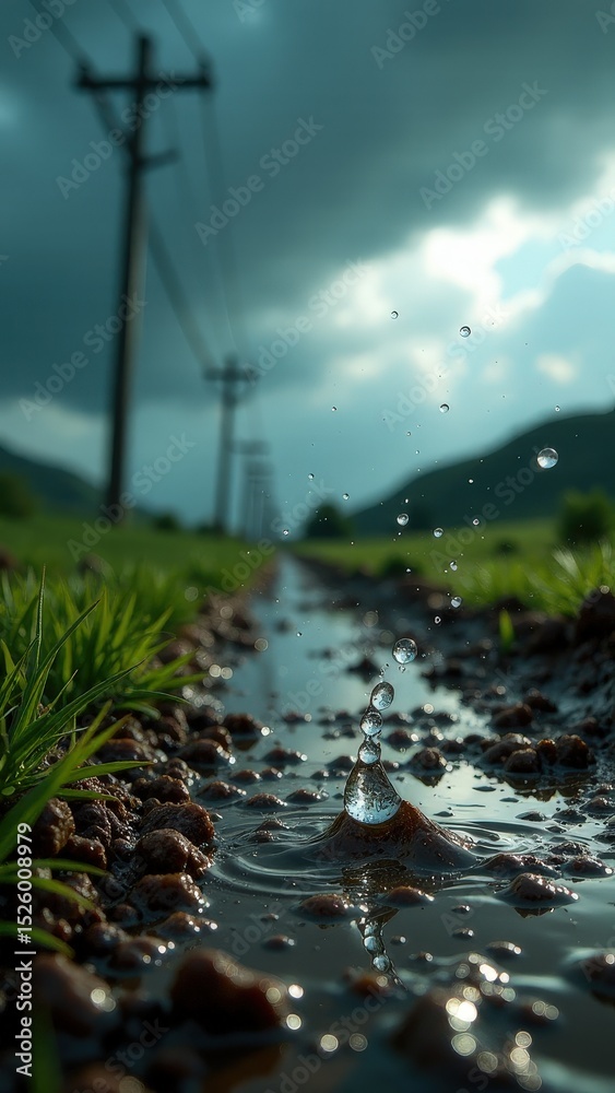 Fototapeta premium Water drop falls into a muddy puddle. The puddle is surrounded by grass and dirt